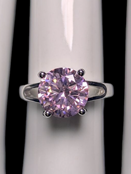 Vintage Round Brilliant Cut Simulated Pink Diamond Solitaire Silver Toned Ring
