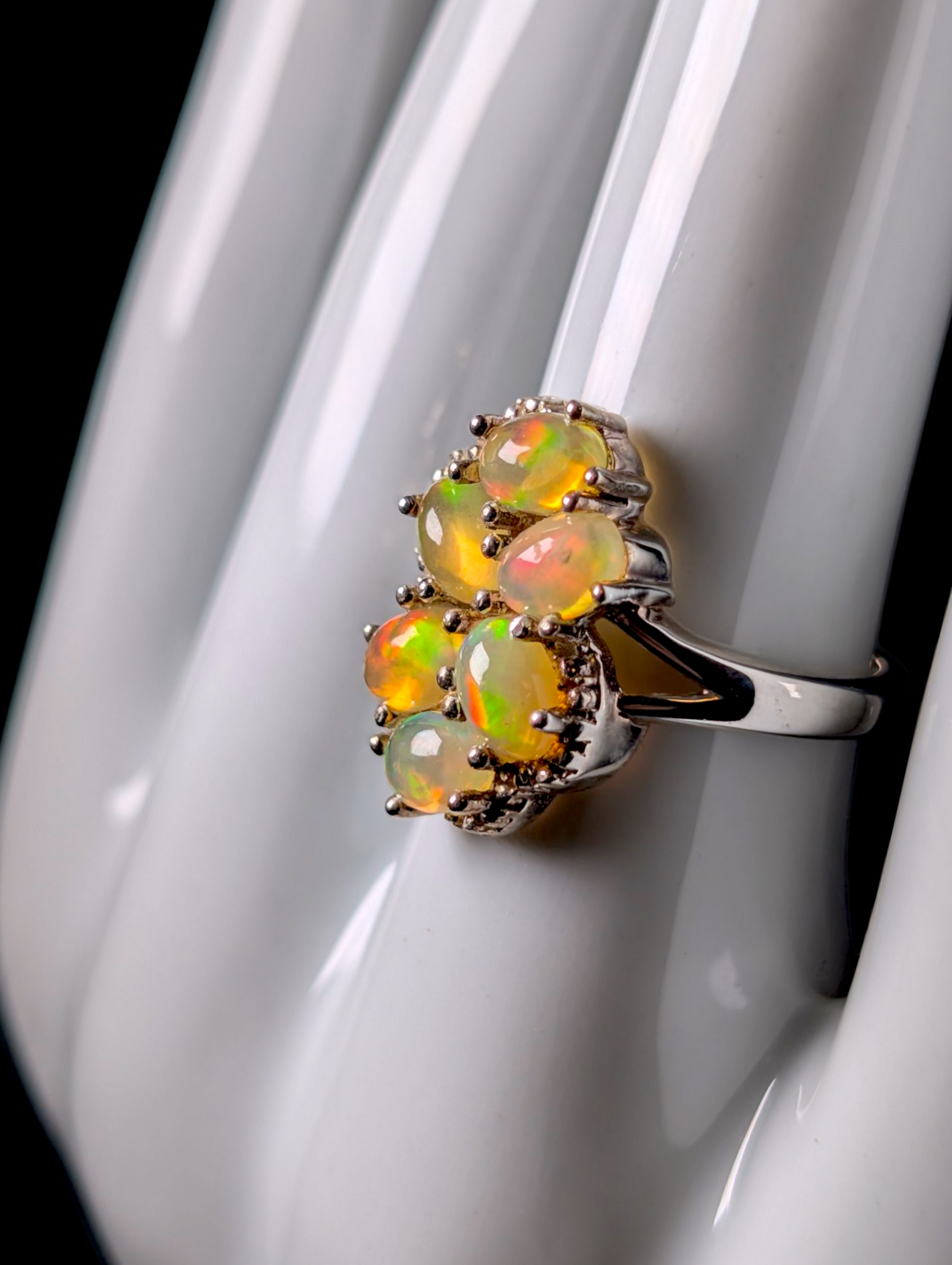 Vintage Cluster Genuine Ethiopian Opal Sterling Silver Statement Ring