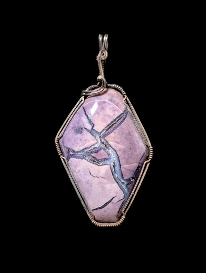 Vintage Handmade Genuine Lavender Jasper Wire Wrapped Sterling Silver Pendant
