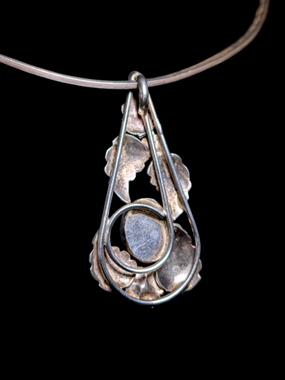 Vintage Art Nouveau Inspired Bezel Set Genuine Lapis and Floral Filigree Sterling Silver Pendant