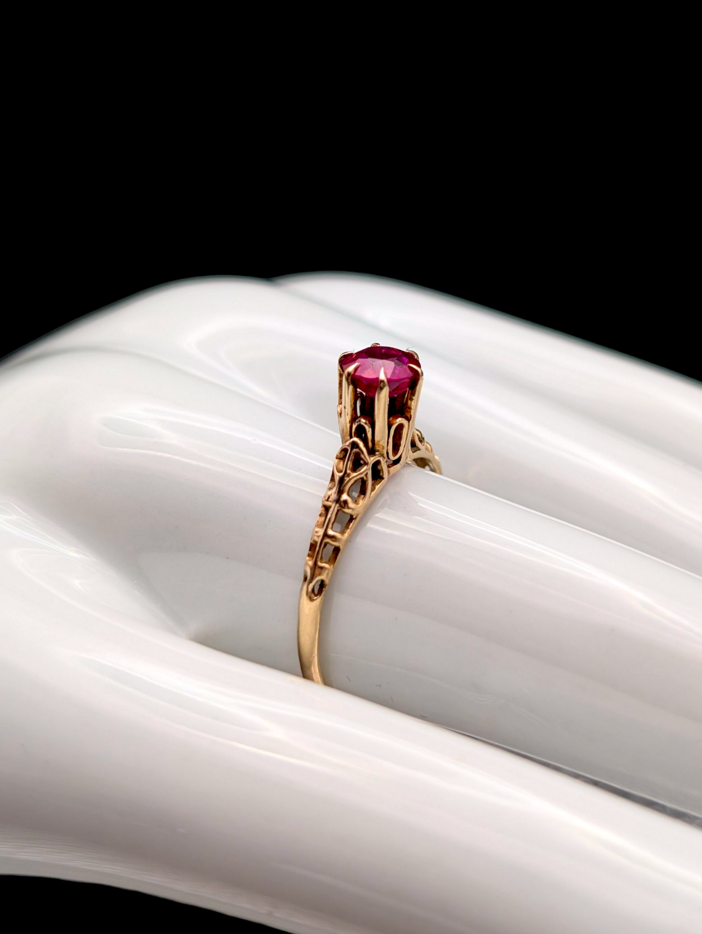 Antique Six Prong High Head Set Round Brilliant Cut Genuine Ruby Solitaire 10k Yellow Solid Gold Filigree Ring