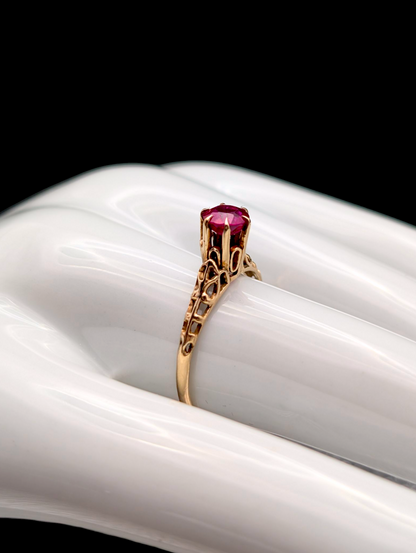 Antique Six Prong High Head Set Round Brilliant Cut Genuine Ruby Solitaire 10k Yellow Solid Gold Filigree Ring