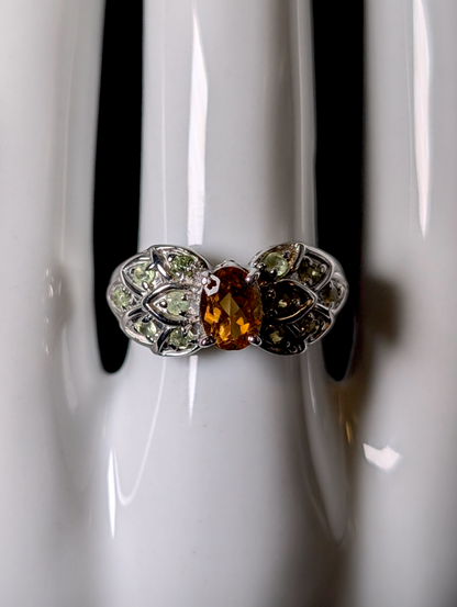Vintage Oval Cut Genuine Golden Citrine Solitaire with Peridot Accents Stones Sterling Silver Ring