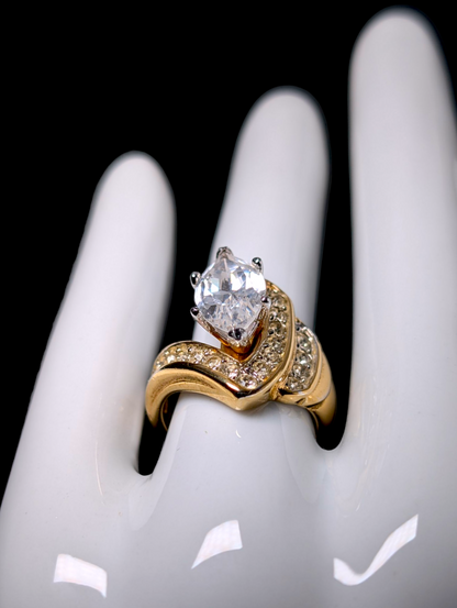 Vintage Marquise Cut Solitaire Simulated Diamond 14K HGE Gold Espo Statement Cocktail Ring
