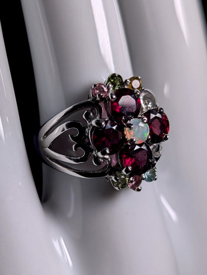Vintage Genuine Garnet and Opal Flower Heart Shank Sterling Silver Ring