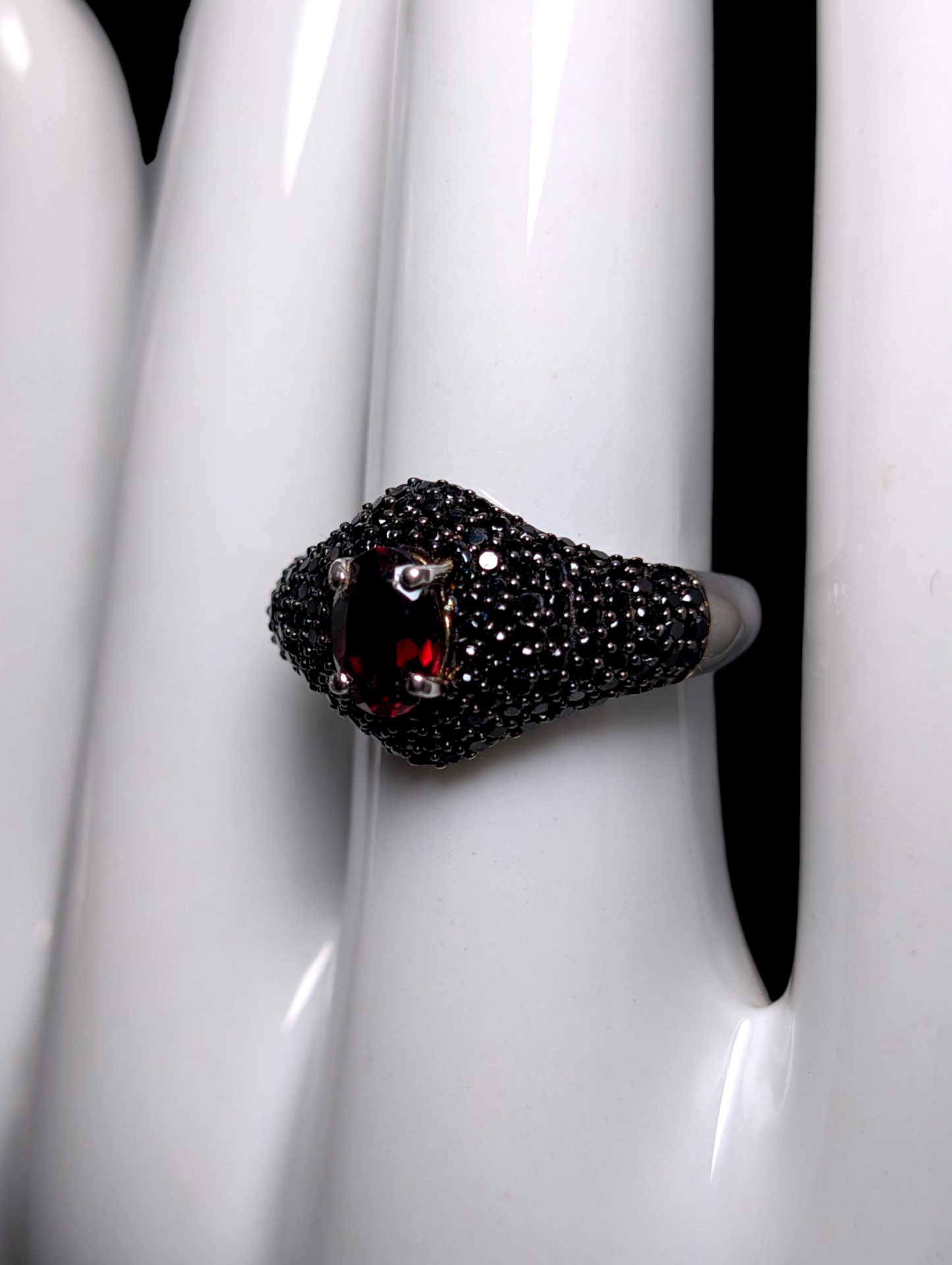 Vintage Oval Cut Earth Mined Genuine Spessartite Garnet Solitaire with Black Onyx Cluster Accents Sterling Silver Ring