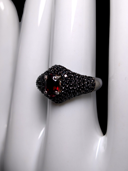 Vintage Oval Cut Earth Mined Genuine Spessartite Garnet Solitaire with Black Onyx Cluster Accents Sterling Silver Ring