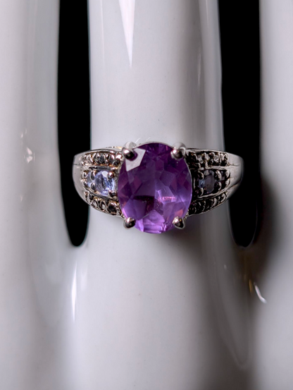 Vintage Oval Cut Genuine Purple Fluorite Solitaire with Tanzanite Accent Stones Sterling Silver Ring