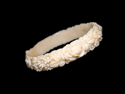 Antique 1920s Carved Detailed Cream Floral Celluloid Bangle Bracelet