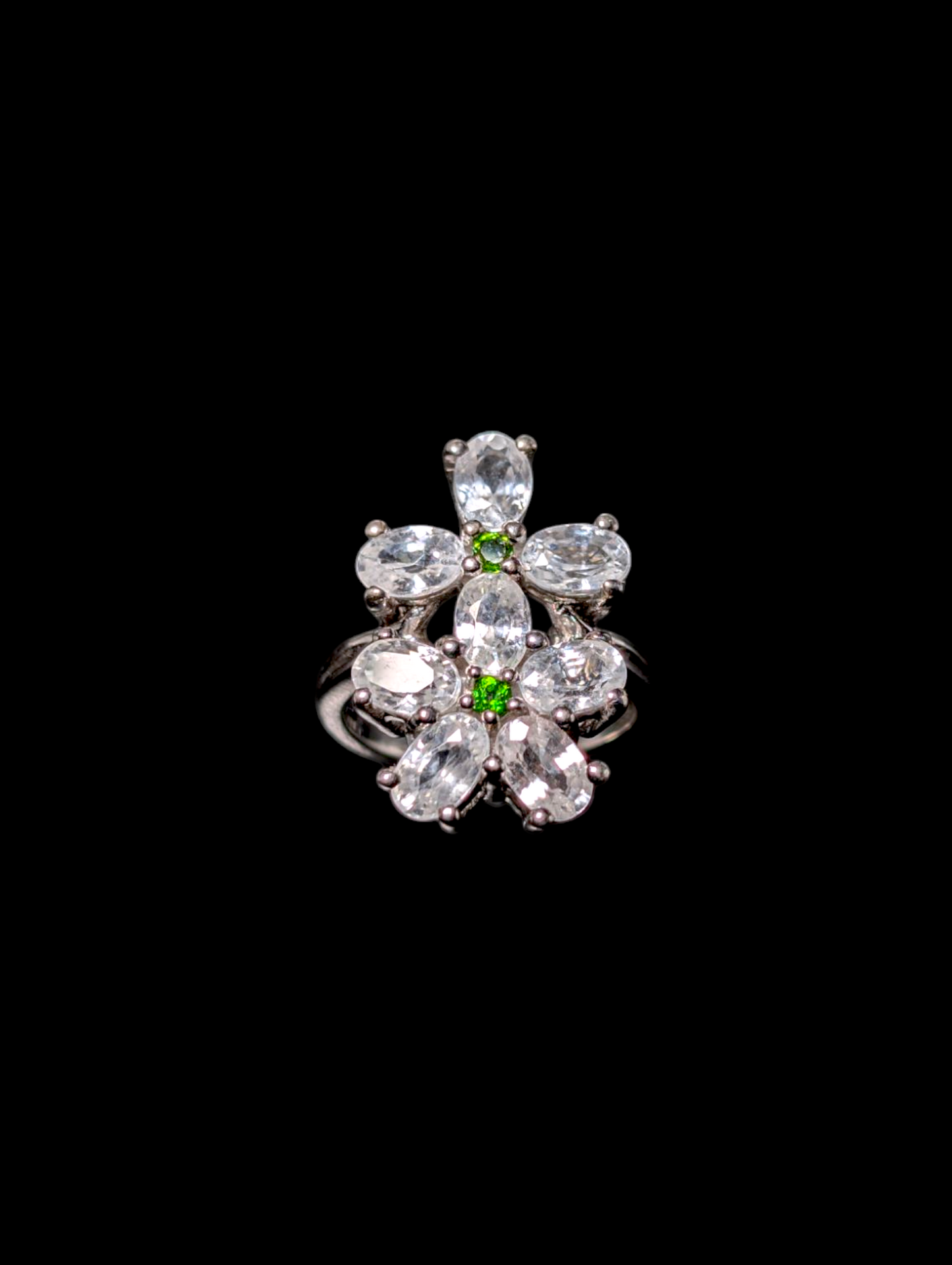 Vintage Twin Flower 3.8 Carat Genuine White Topaz and Peridot Sterling Silver Ring