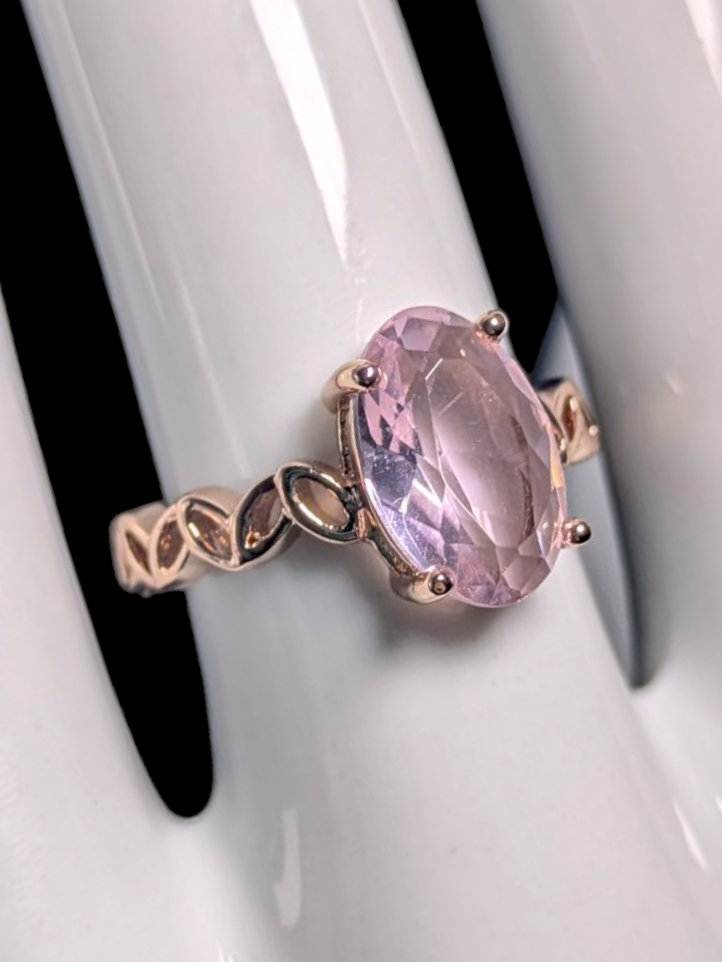 Vintage Inspired Oval Cut Simulated Pink Sapphire Solitaire with Ornate Band Rose Gold Toned Ring