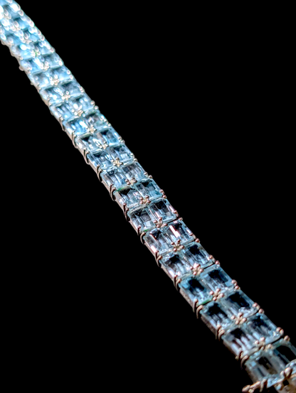 Vintage 50+ Carat Double Row Emerald Cut Genuine Sky Blue Topaz Sterling Silver Tennis Bracelet