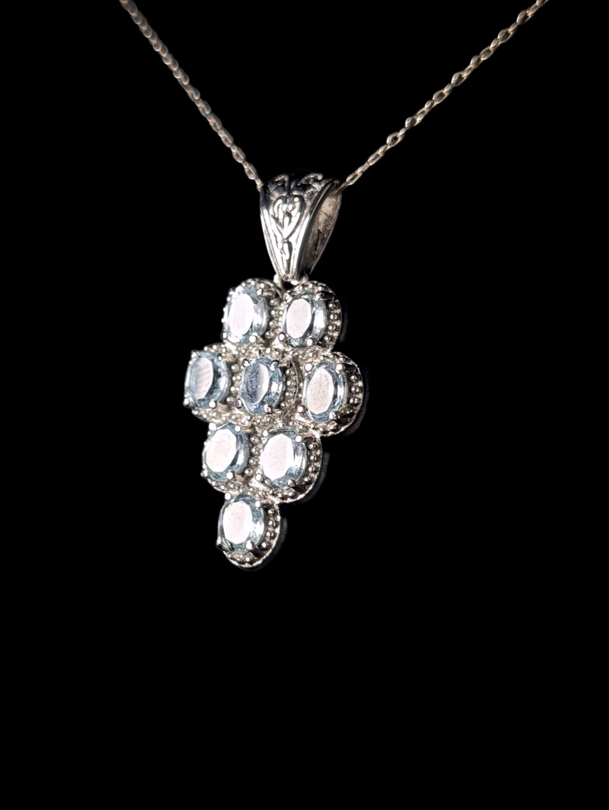 Vintage Oval Cut Genuine Sky Blue Topaz Stainless Steel Cluster Pendant