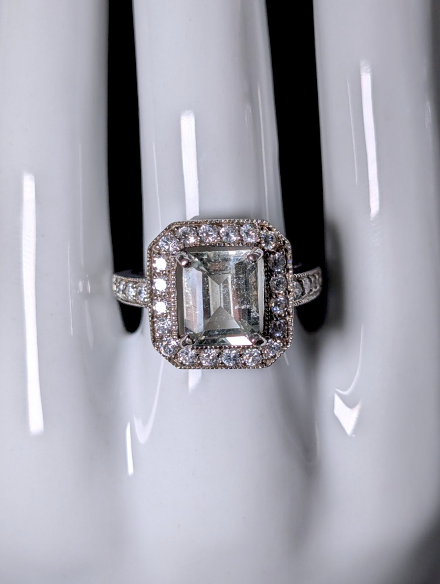 Vintage Radiant Genuine Aquamarine Solitaire with Halo Sterling Silver Ring