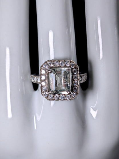 Vintage Radiant Genuine Aquamarine Solitaire with Halo Sterling Silver Ring