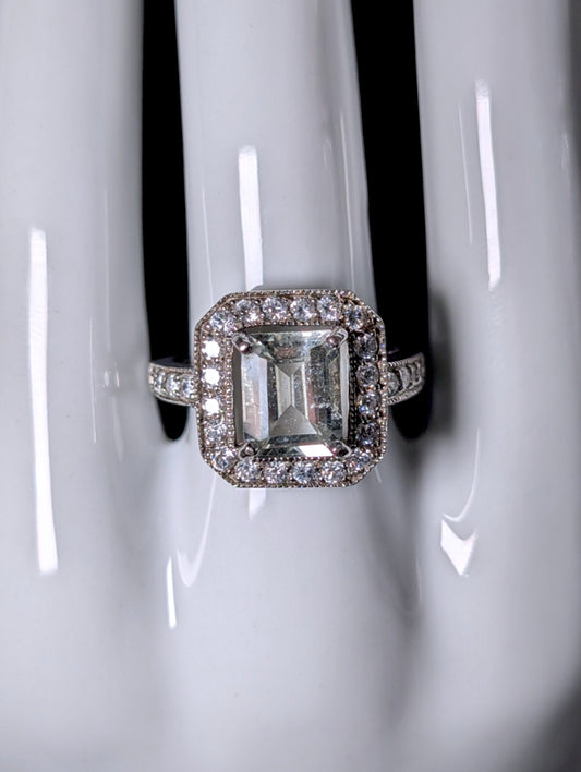 Vintage Radiant Genuine Aquamarine Solitaire with Halo Sterling Silver Ring