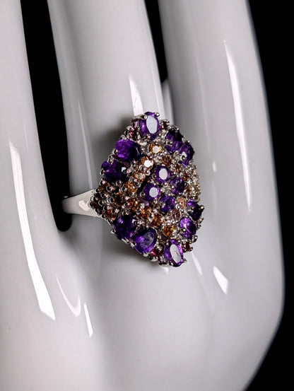 Vintage Genuine Amethyst, Sapphire and Garnet Sparkling Cocktail Ring