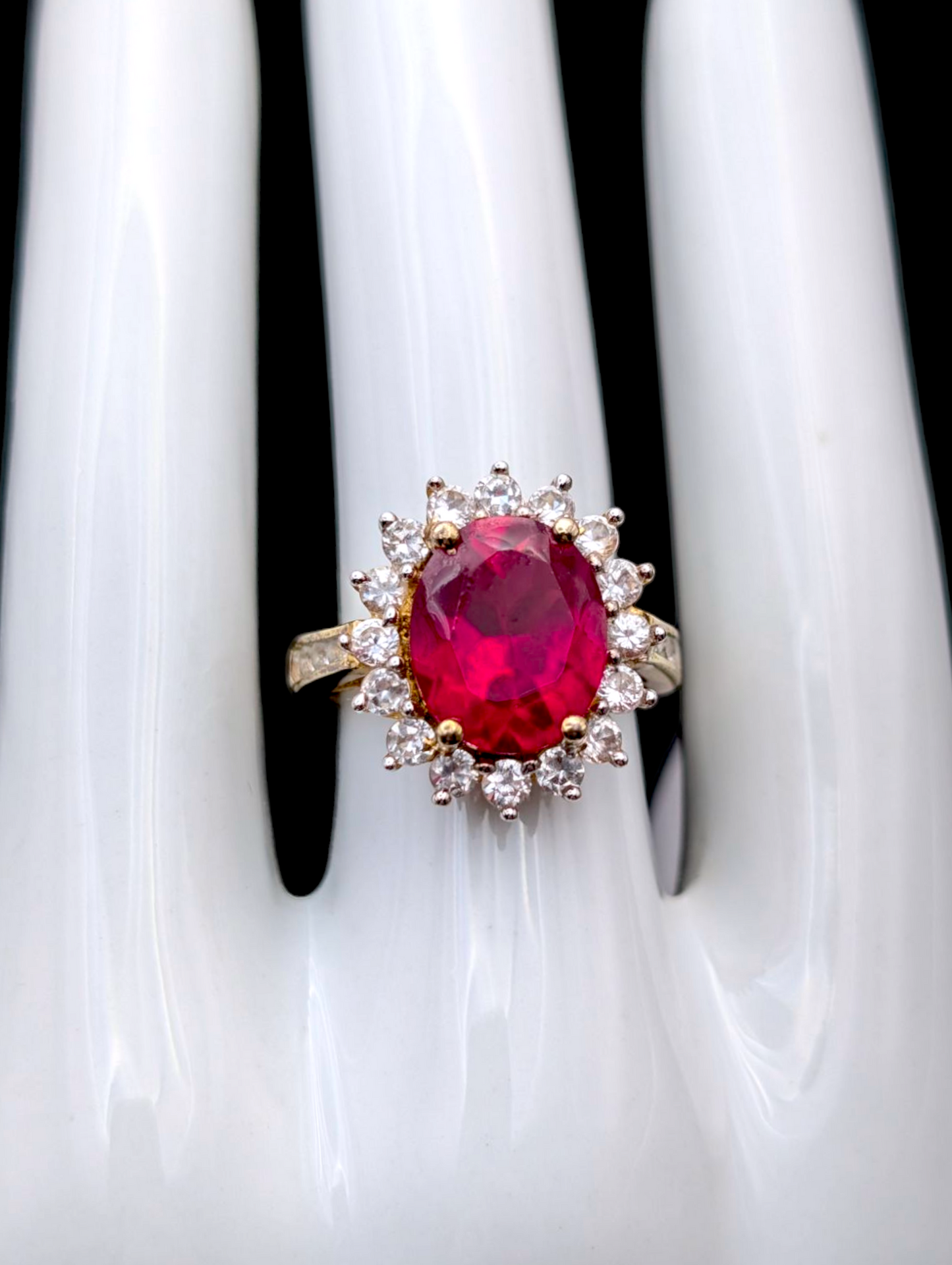 Vintage Oval Cut Genuine Ruby Solitaire with White Sapphire Halo 18k Gold Vermeil Statement Ring
