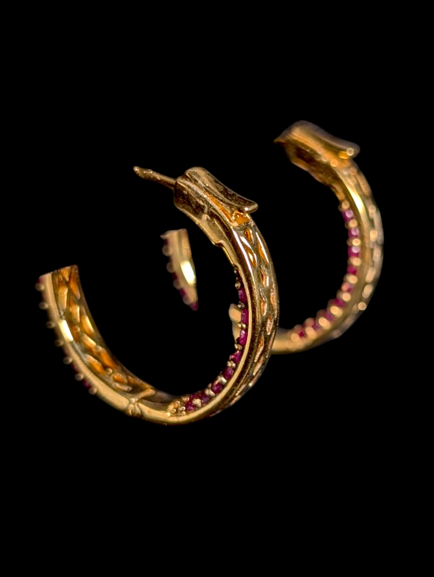 Vintage Genuine Ruby 18k Yellow Gold Vermeil Inside Out Hoop Earrings