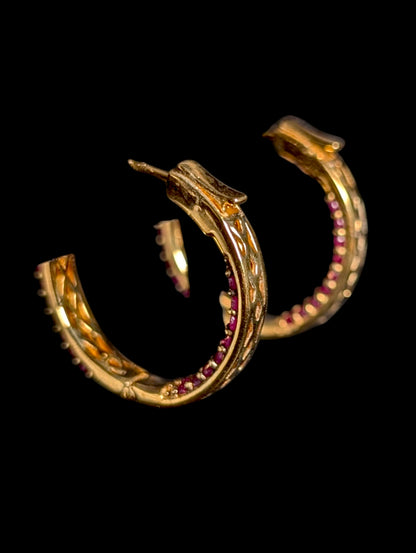 Vintage Genuine Ruby 18k Yellow Gold Vermeil Inside Out Hoop Earrings
