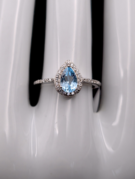 Vintage Solitaire Pear Cut Sky Blue Topaz with Simulated Diamond Halo Sterling Silver Ring