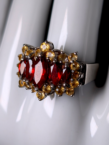 Vintage Marquise Cut Genuine Red Garnet and Citrine Starburst Halo Sterling Silver Cocktail Statement Ring
