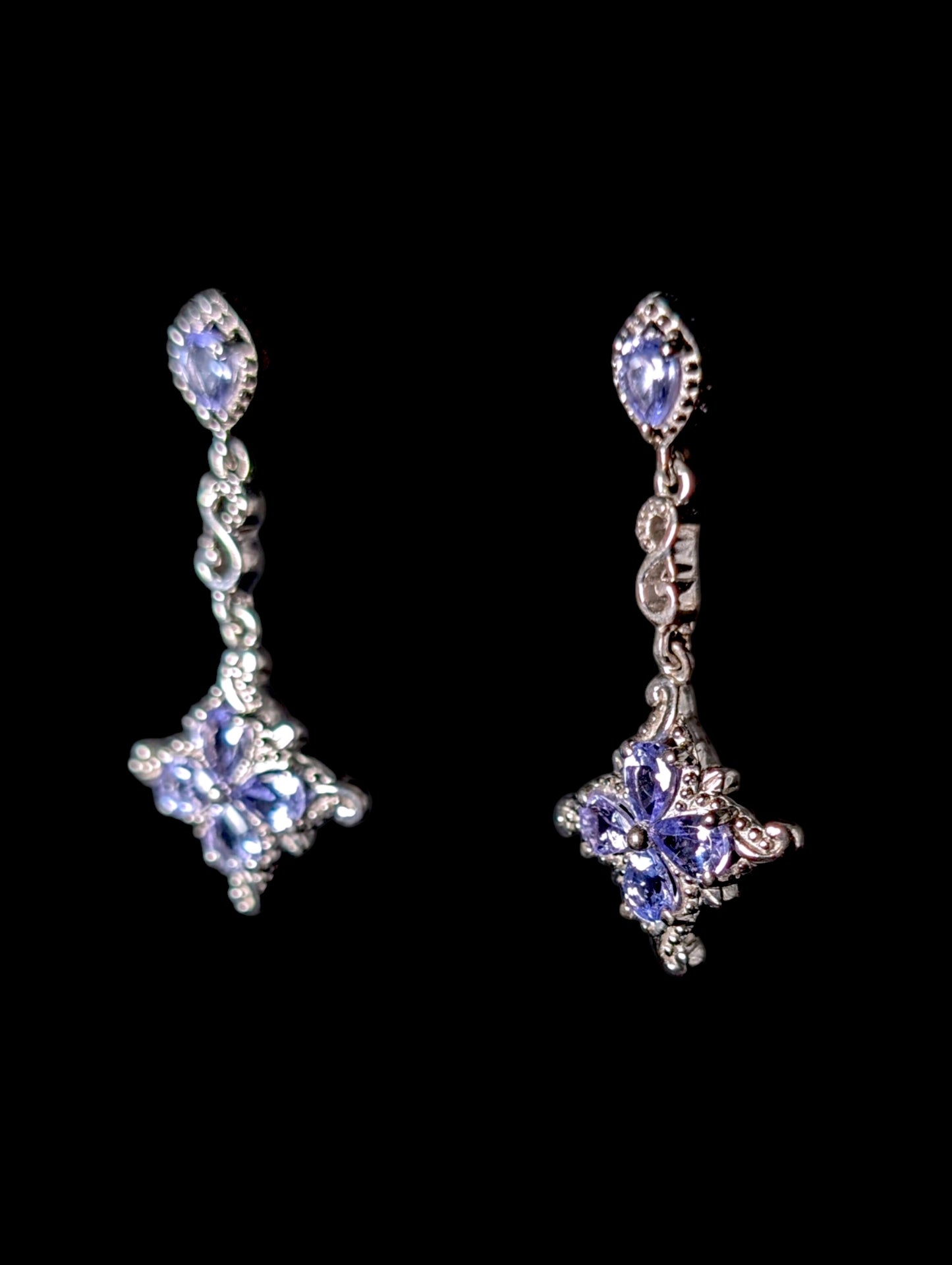 Vintage Genuine Tanzanite Flower Sterling Silver Dangle Statement Earrings