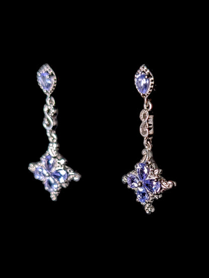 Vintage Genuine Tanzanite Flower Sterling Silver Dangle Statement Earrings