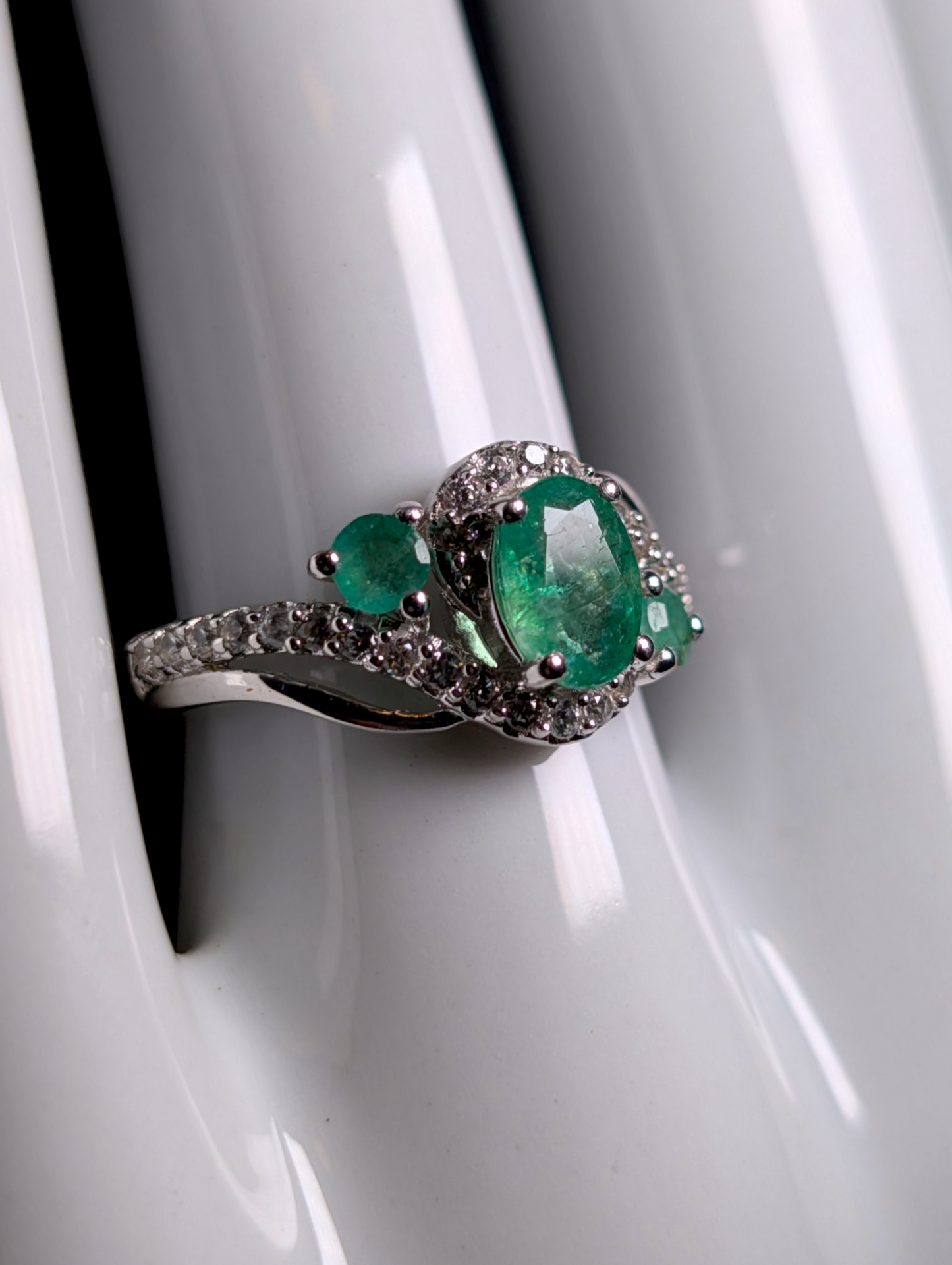 Vintage Earth Mined Genuine Emerald and White Topaz Sterling Silver Bypass Ring