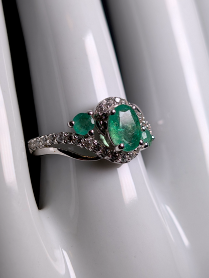 Vintage Earth Mined Genuine Emerald and White Topaz Sterling Silver Bypass Ring