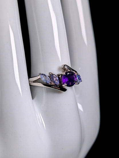 Vintage Genuine Tanzanite and Amethyst Cross Over Sterling Silver Ring
