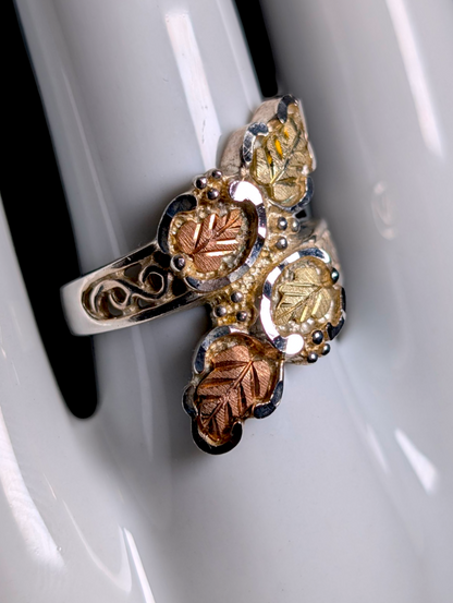 Vintage Black Hills Gold Carved 12K Gold and Sterling Silver Wrap Ring