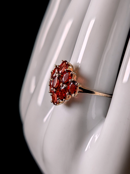 Vintage Oval Cut Cluster Genuine Garnet Sterling Silver Ring