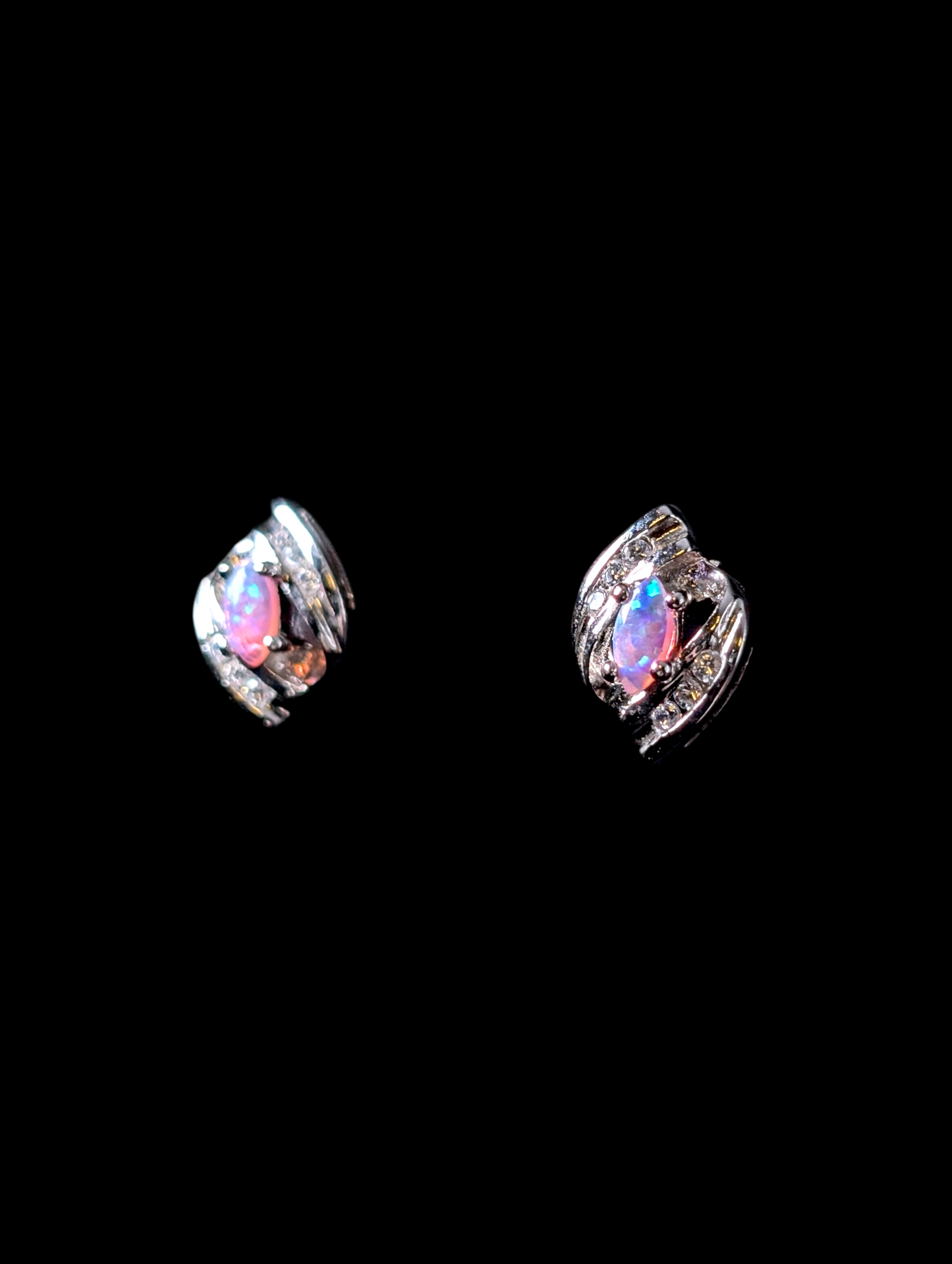 Vintage Marquise Cut Genuine Opal and Simulated Diamond Accents Sterling Silver Post Earrings