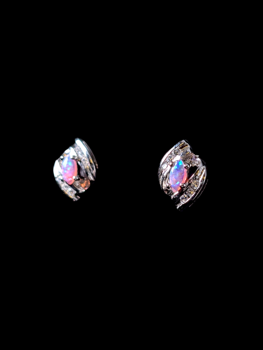 Vintage Marquise Cut Genuine Opal and Simulated Diamond Accents Sterling Silver Post Earrings