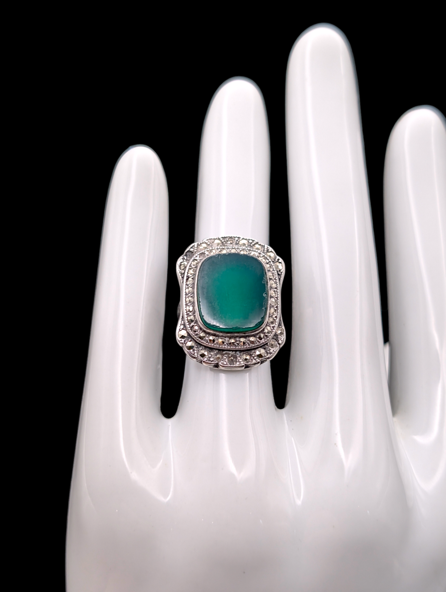 1920s Antique Art Deco Green Chrysoprase and Marcasite Sterling Silver Pinky Ring