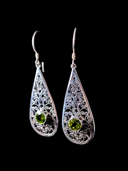 Vintage Bezel Set Round Cut 2 Carat Genuine Peridot Sterling Silver Filigree Drop Earrings