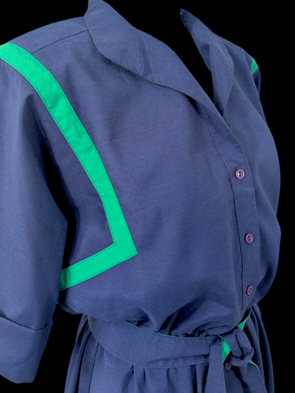 1980s Vintage Willi of California Navy and Teal Blue Elastic Waist House Dress