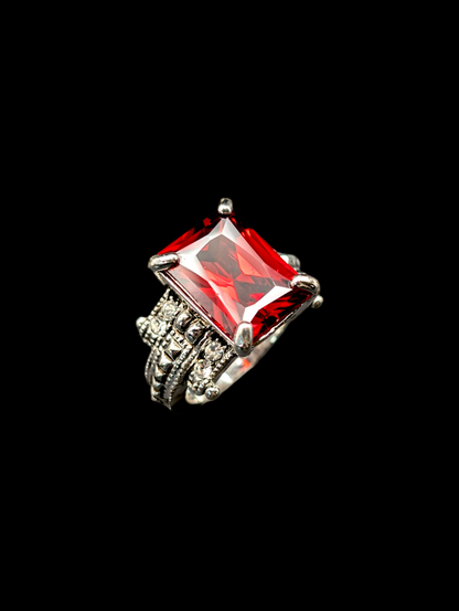 Vintage Inspired Simulated Ruby and Crystal Best Silver Ring