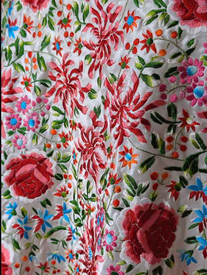 Antique Rare Manton De Manila Embroidered Florals Silk Flamenco Piano Shawl in White with Hand Knotted Macrame Fringe