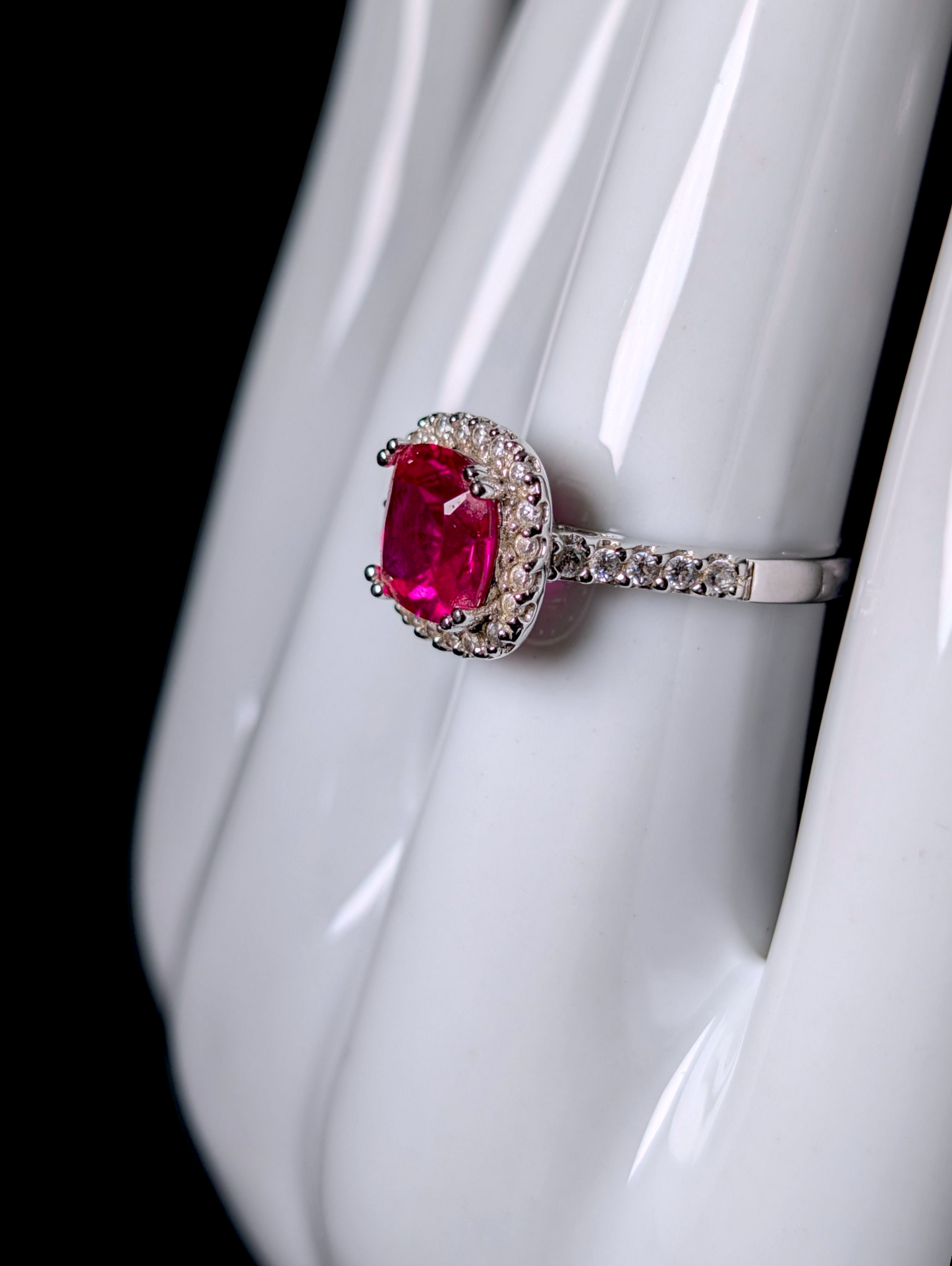 Vintage Cushion Cut Genuine Ruby Solitaire with Simulated Diamond Halo Sterling Silver Ring