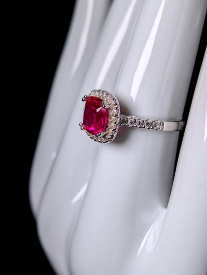 Vintage Cushion Cut Genuine Ruby Solitaire with Simulated Diamond Halo Sterling Silver Ring