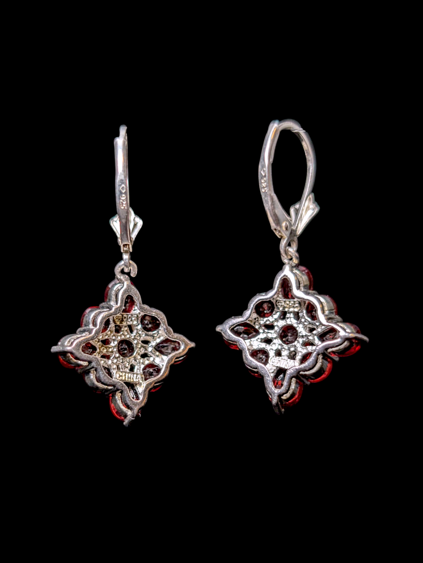 Vintage Cluster Dangle Genuine Red Garnet Leverback Sterling Silver Earrings