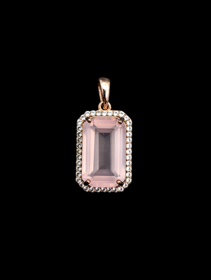 Vintage Inspired Emerald Cut Genuine Morganite and Zircon Halo 18k Rose Gold over Sterling Pendant
