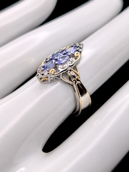 Vintage Inspired Cluster Genuine Tanzanite and White Topaz 14k Gold Vermeil Sterling Silver 925 Ring