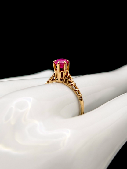 Antique Six Prong High Head Set Round Brilliant Cut Genuine Ruby Solitaire 10k Yellow Solid Gold Filigree Ring
