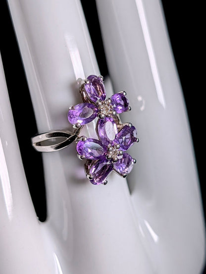 Vintage Double Flower Genuine Amethyst and White Zircon Center Sterling Silver Ring