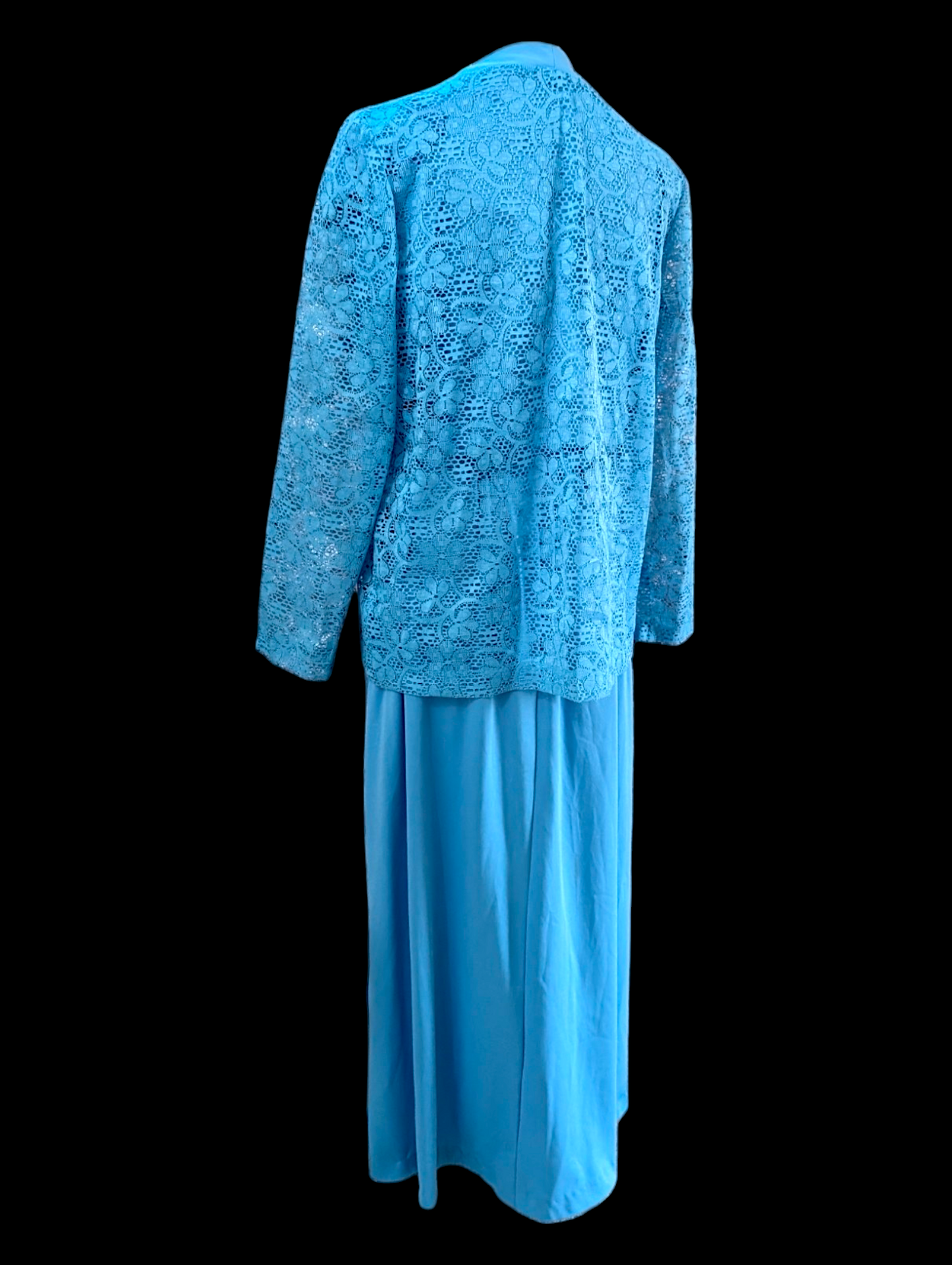 1970s Blue Two Piece Set with Petal Sleeve Dress and Matching Floral Lace Cardigan