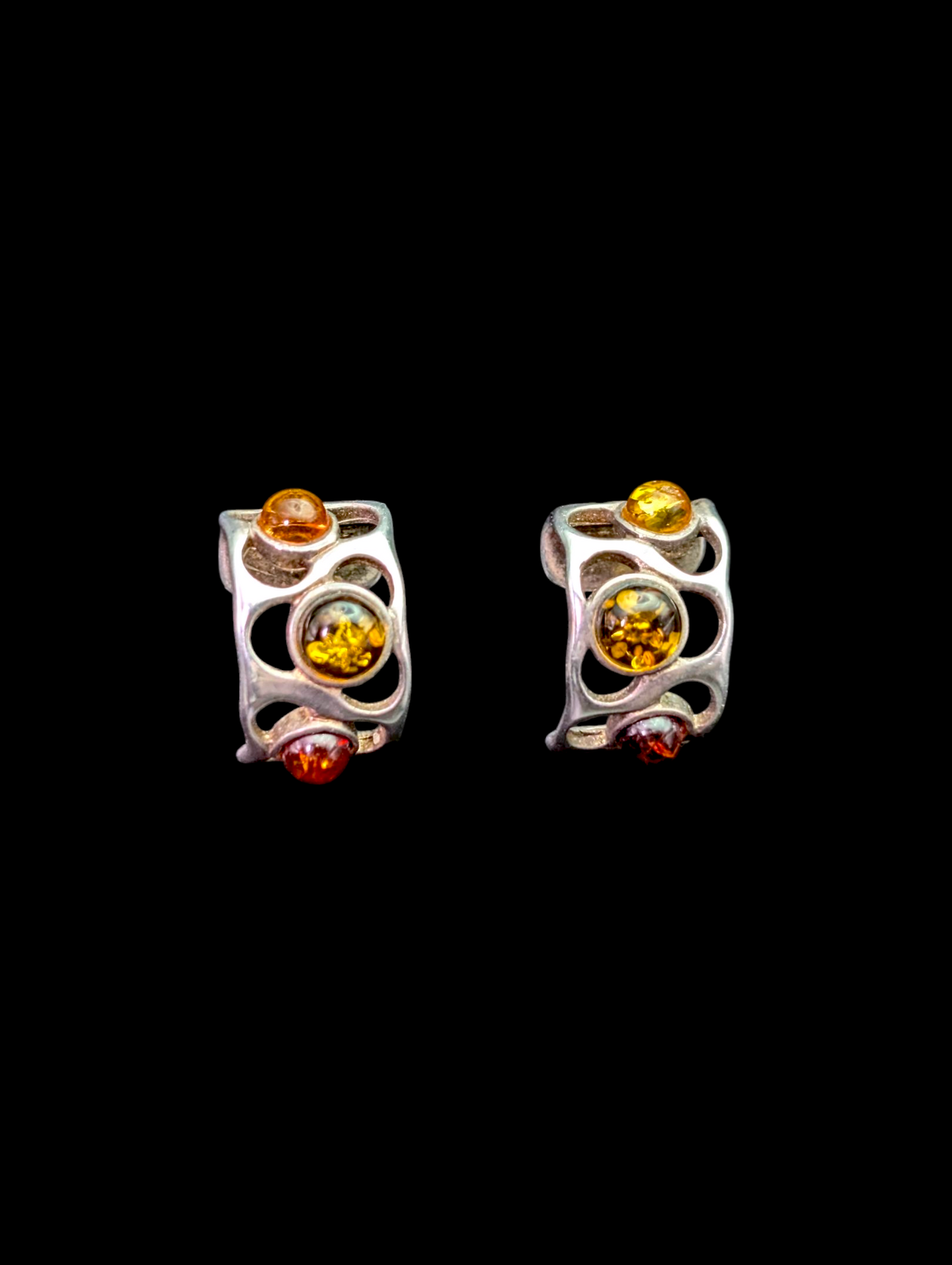 Vintage Cuff Style Genuine Tri-Color Amber Sterling Silver Earrings