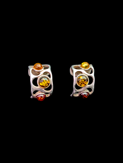Vintage Cuff Style Genuine Tri-Color Amber Sterling Silver Earrings